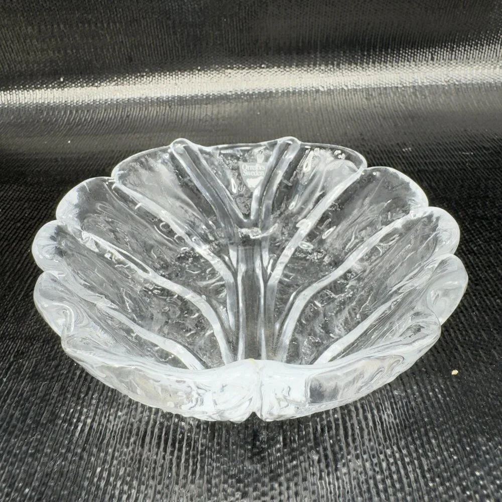 Orrefors Sweden EDEN Clear Glass Crystal‎ Dish Bowl Leaf Shaped W Sticker VTG